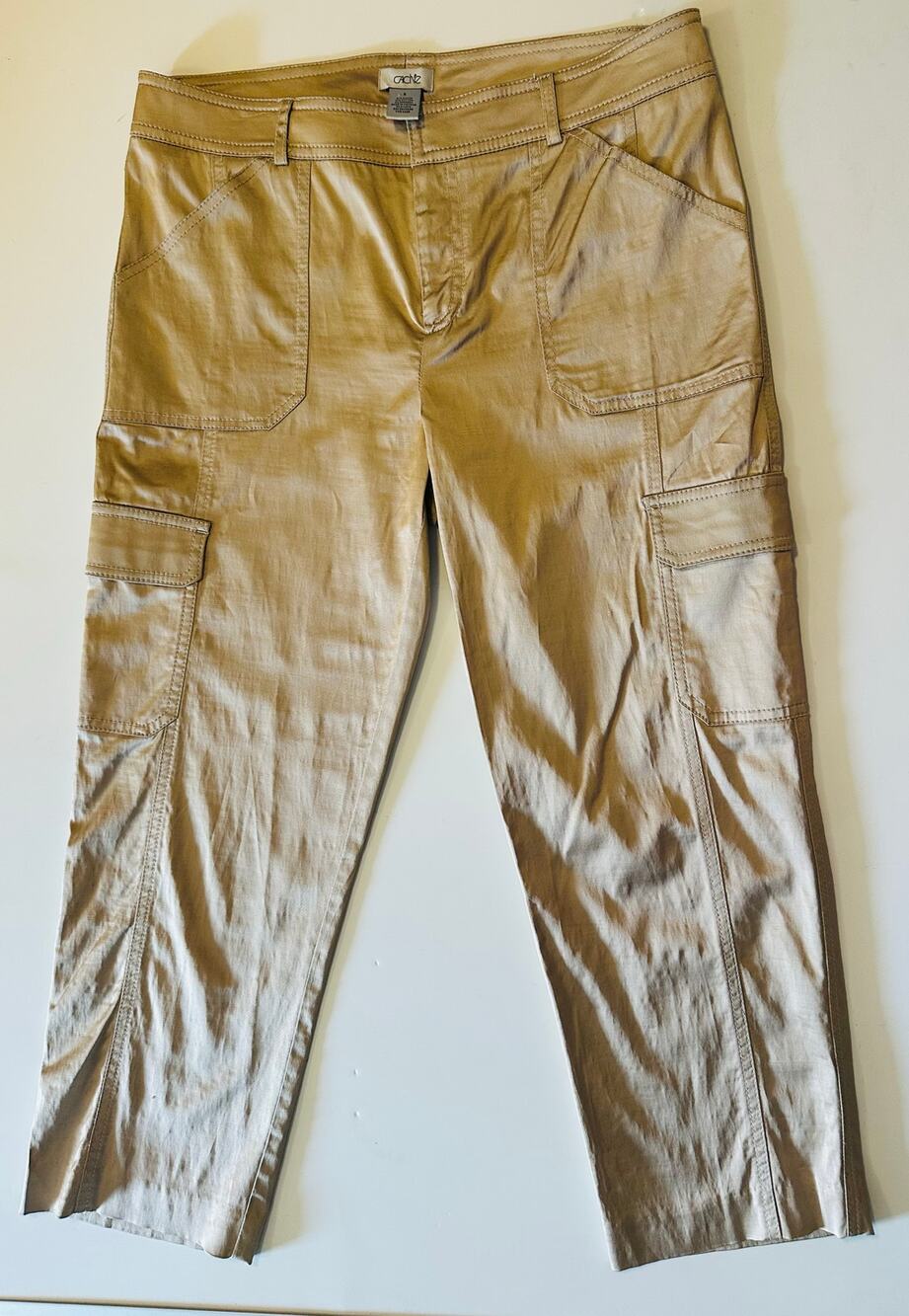 Cache Y2K Silky Satin khaki Cargo Cropped Pants Women’s Size 8 classic beach